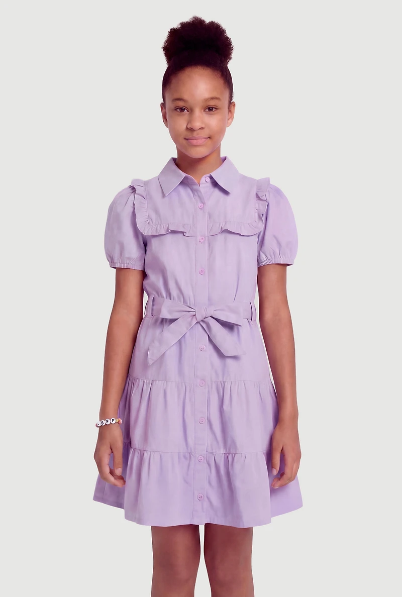 Girls Button Front Dress with Tie Waist Belt and Bracelet