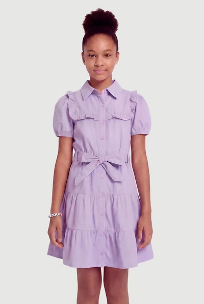 Girls Button Front Dress with Tie Waist Belt and Bracelet