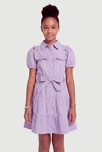 Girls Button Front Dress with Tie Waist Belt and Bracelet