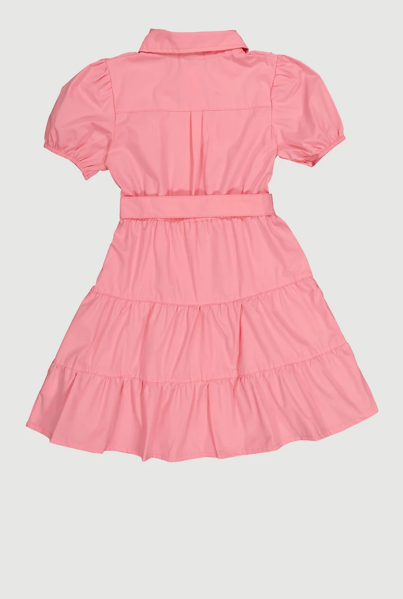 Girls Button Front Dress with Tie Waist Belt and Bracelet