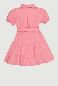 Girls Button Front Dress with Tie Waist Belt and Bracelet