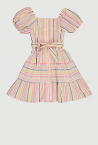 Girls Striped Puff Sleeve Smocked Button Front Dress