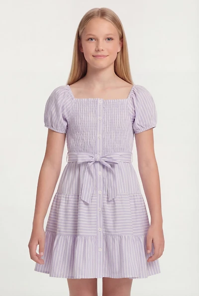 Girls Striped Puff Sleeve Smocked Button Front Dress