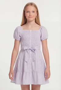 Girls Striped Puff Sleeve Smocked Button Front Dress