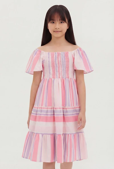 Girls Striped Flutter Sleeve Smocked Dress