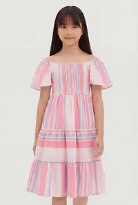Girls Striped Flutter Sleeve Smocked Dress