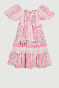 Girls Striped Flutter Sleeve Smocked Dress