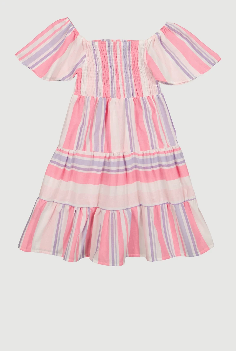 Girls Striped Flutter Sleeve Smocked Dress