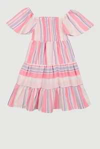 Girls Striped Flutter Sleeve Smocked Dress