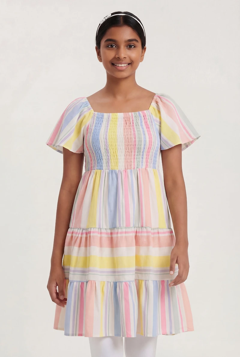 Girls Striped Flutter Sleeve Smocked Dress