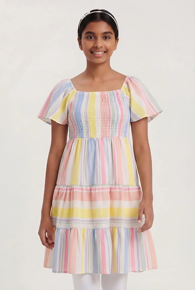 Girls Striped Flutter Sleeve Smocked Dress