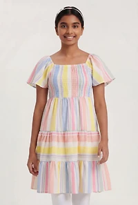 Girls Striped Flutter Sleeve Smocked Dress