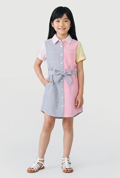 Girls Striped Color Block Shirt Dress with Tie Waist Belt