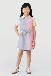 Girls Striped Color Block Shirt Dress with Tie Waist Belt