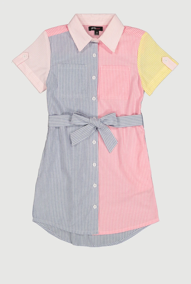 Girls Striped Color Block Shirt Dress with Tie Waist Belt