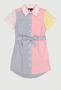 Girls Striped Color Block Shirt Dress with Tie Waist Belt