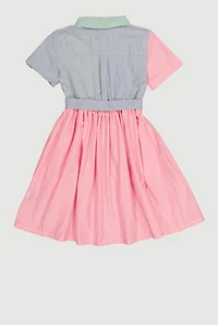 Girls Striped Color Block Dress with Tie Waist Belt