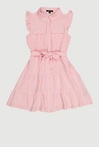 Girls Sleeveless Tiered Shirt Dress with Tie Waist Belt
