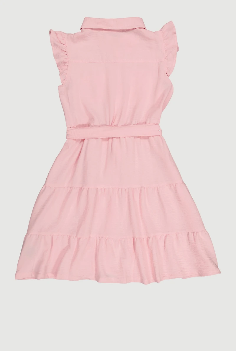 Girls Sleeveless Tiered Shirt Dress with Tie Waist Belt