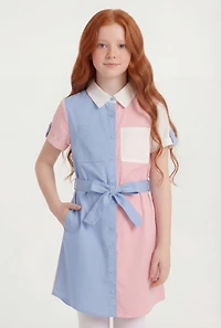 Girls Button Front Color Blocked Dress with Tie Waist Belt