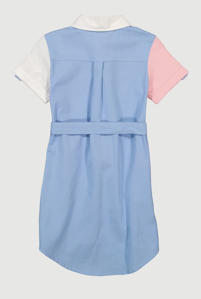 Girls Button Front Color Blocked Dress with Tie Waist Belt