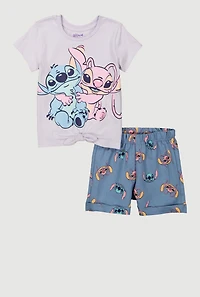Little Girls Stitch and Angel Graphic Tee Chambray Shorts