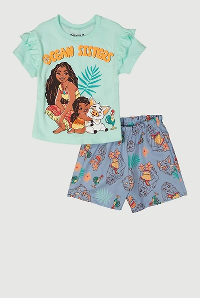 Little Girls Moana Flutter Sleeve Graphic Tee and Shorts, Blue, Size 4