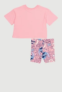 Little Girls Stitch and Angel Graphic Tee and Biker Shorts, Pink, Size 4