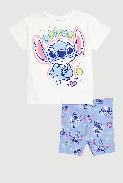 Little Girls Stitch Graphic Tee and Biker Shorts, Blue, Size 4
