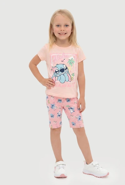 Little Girls Aloha Hawaii Stitch Graphic Tee and Biker Shorts