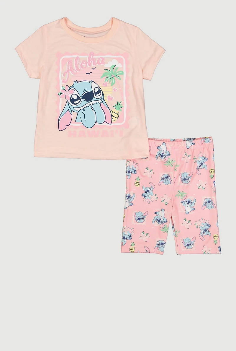 Little Girls Aloha Hawaii Stitch Graphic Tee and Biker Shorts