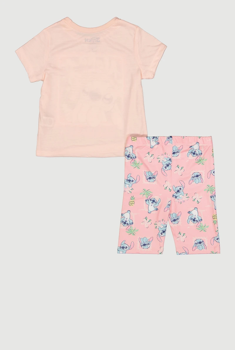 Little Girls Aloha Hawaii Stitch Graphic Tee and Biker Shorts
