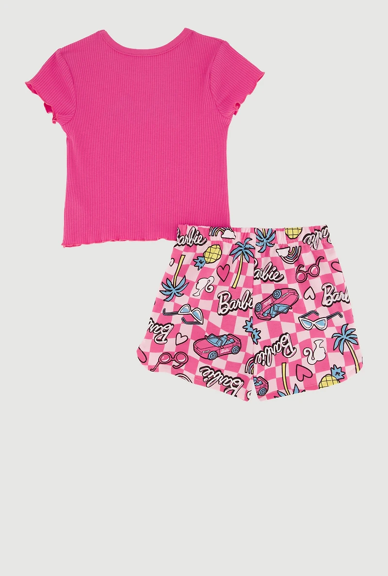 Little Girls Barbie Ribbed Knit Tee and Graphic Checkered Shorts