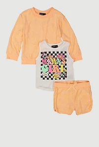 Little Girls Terry Cloth Cherry Patterned Sweatshirt and Shorts Set, Orange, Size 5-6