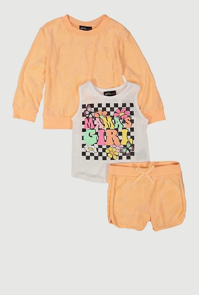 Little Girls Terry Cloth Cherry Patterned Sweatshirt and Shorts Set, Orange, Size 5-6