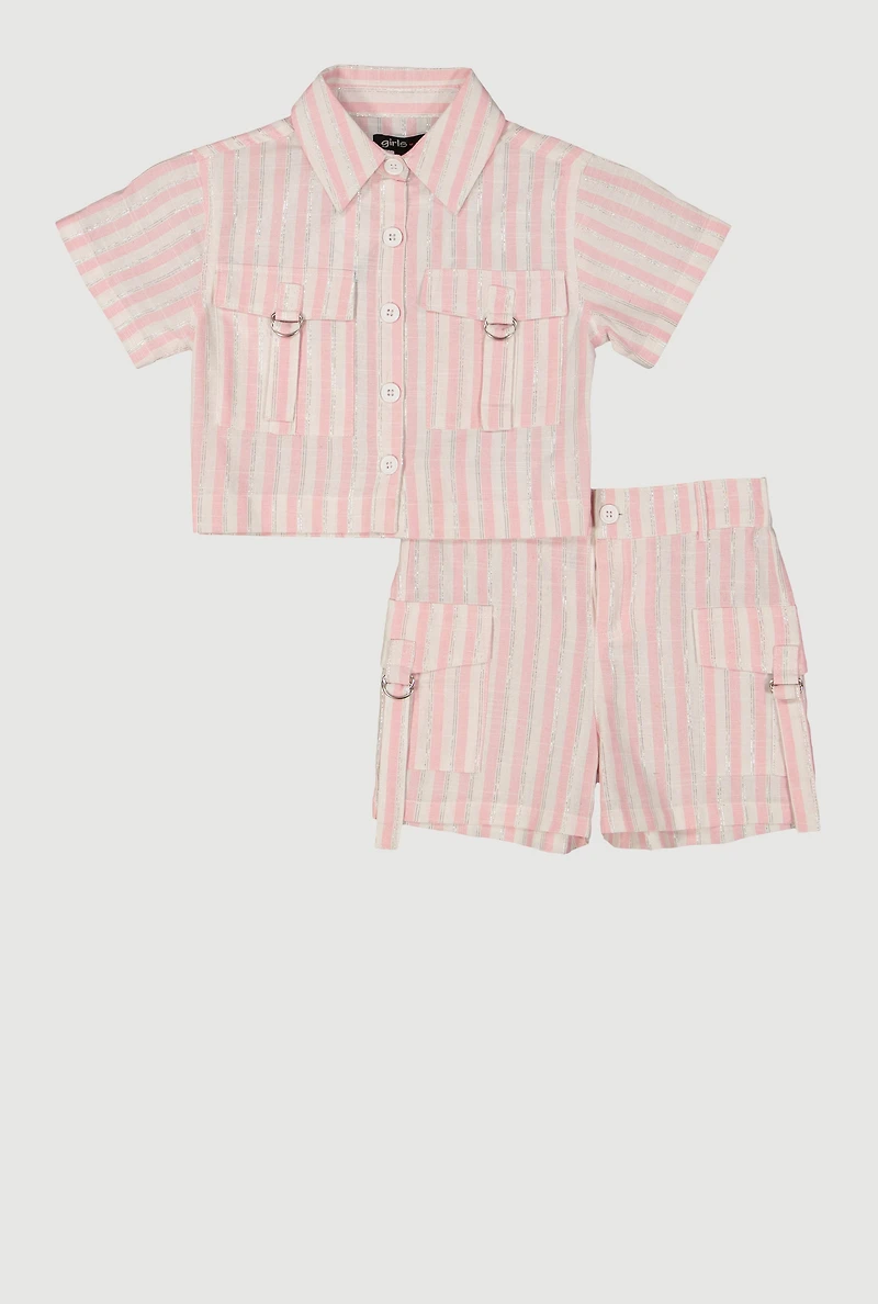 Little Girls Striped Shirt and Cargo Pocket Shorts, Pink, Size 4