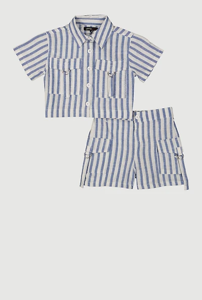Little Girls Striped Shirt and Cargo Pocket Shorts, Blue, Size 4