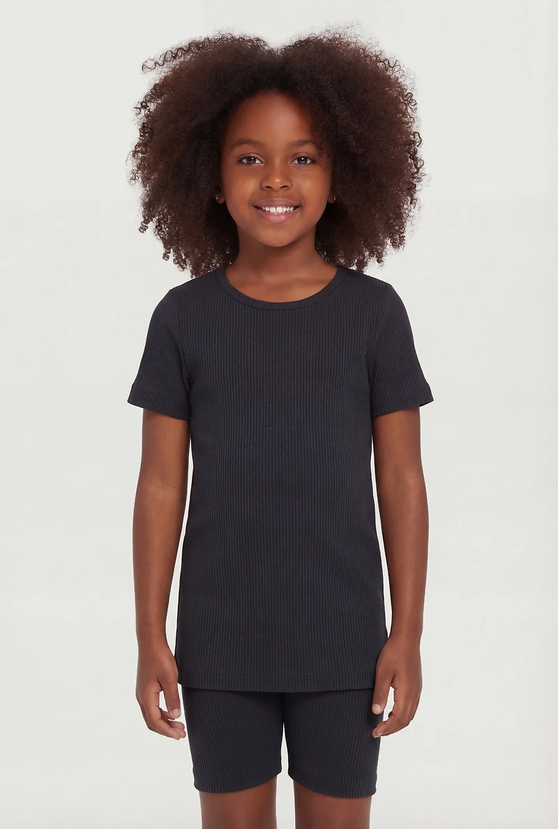 Little Girls Seamless Ribbed Tee and Biker Shorts