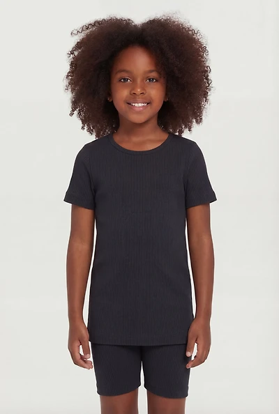Little Girls Seamless Ribbed Tee and Biker Shorts