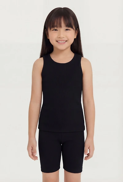 Little Girls Solid Seamless Ribbed Tank Top and Shorts