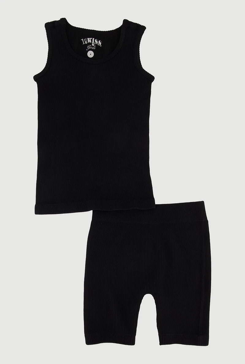 Little Girls Solid Seamless Ribbed Tank Top and Shorts