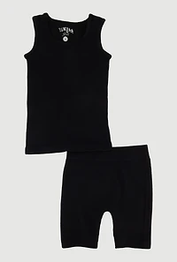 Little Girls Solid Seamless Ribbed Tank Top and Shorts