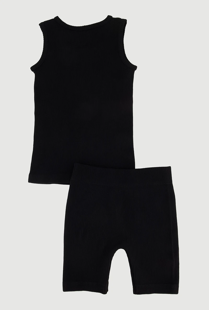 Little Girls Solid Seamless Ribbed Tank Top and Shorts