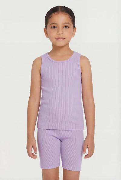 Little Girls Solid Seamless Ribbed Tank Top and Shorts
