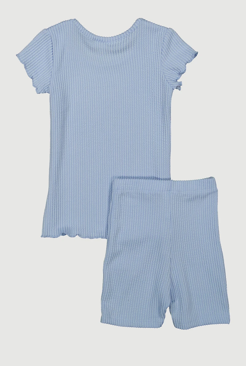 Little Girls Lettuce Edge Rib Knit Tee and Shorts, Blue, Size 4