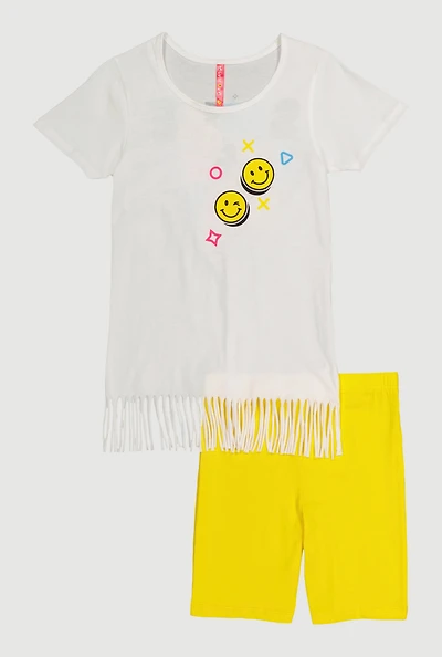Little Girls Fringe Graphic Print Top and Biker Shorts, Yellow, Size 5-6