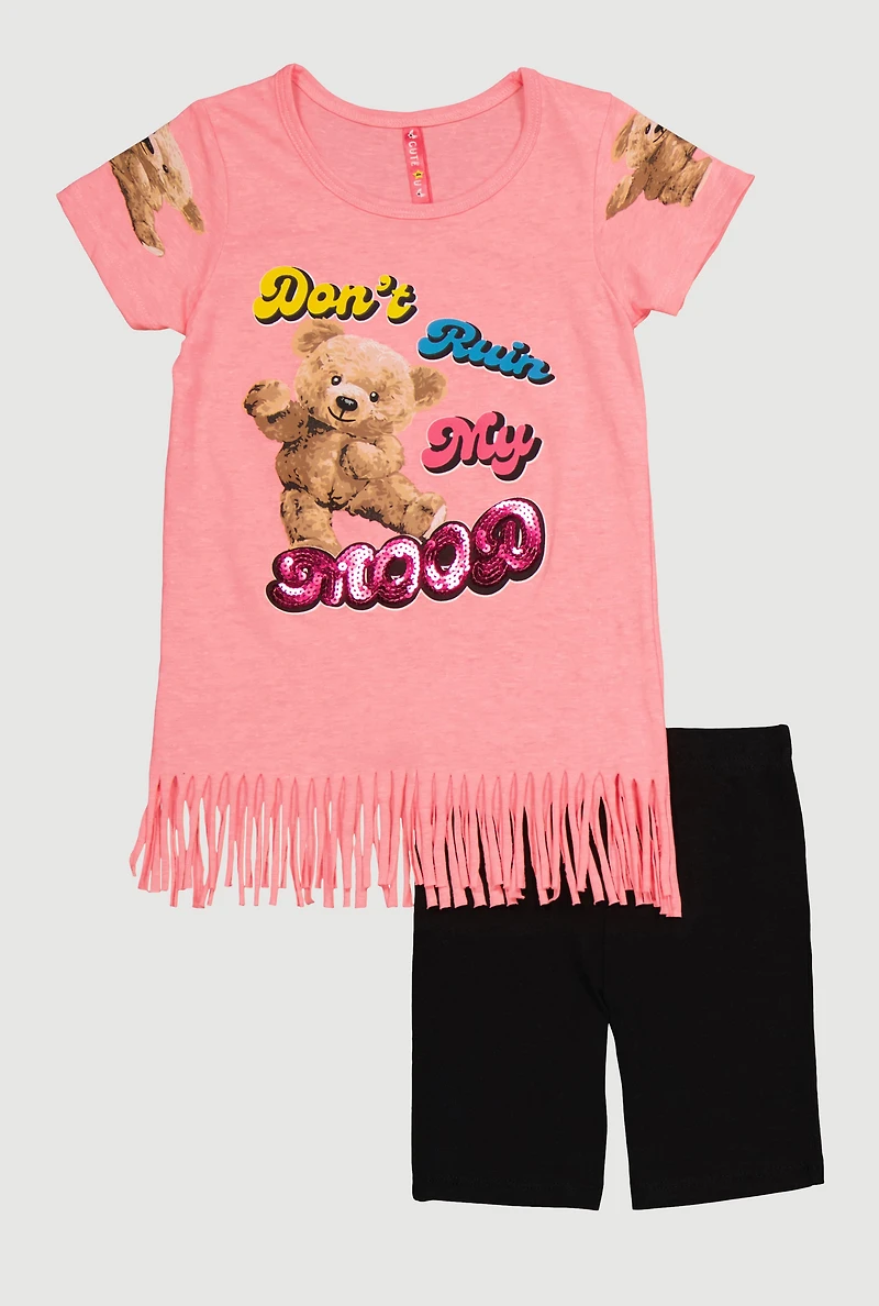 Little Girls Fringe Graphic Print Top and Biker Shorts