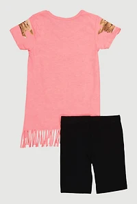 Little Girls Fringe Graphic Print Top and Biker Shorts, Pink, Size 6X