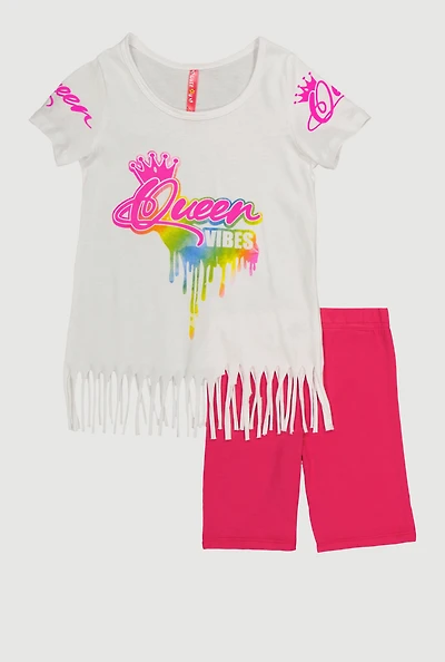 Little Girls Queen Vibes Fringe Tee and Shorts, Pink, Size 5-6