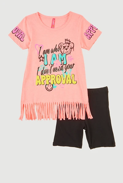 Little Girls Sequin Approval Graphic Print Tee and Biker Shorts, Pink, Size 4